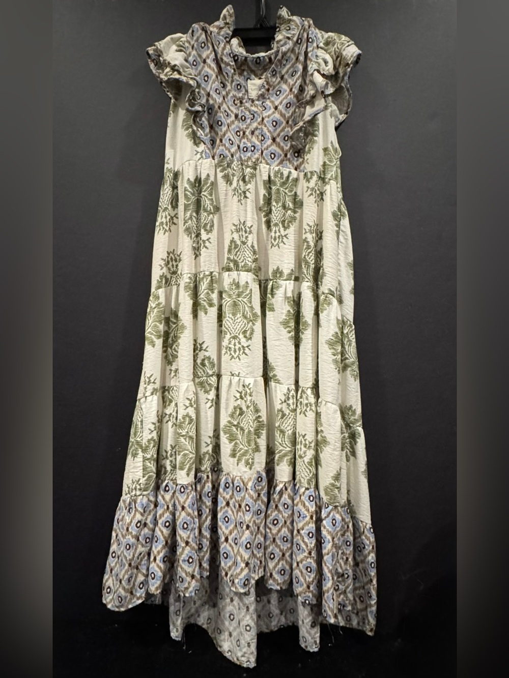 Umgee Ruffle Sleeve Mixed Print Tiered Midi/Maxi Dress Bohemian Cottagecore XL